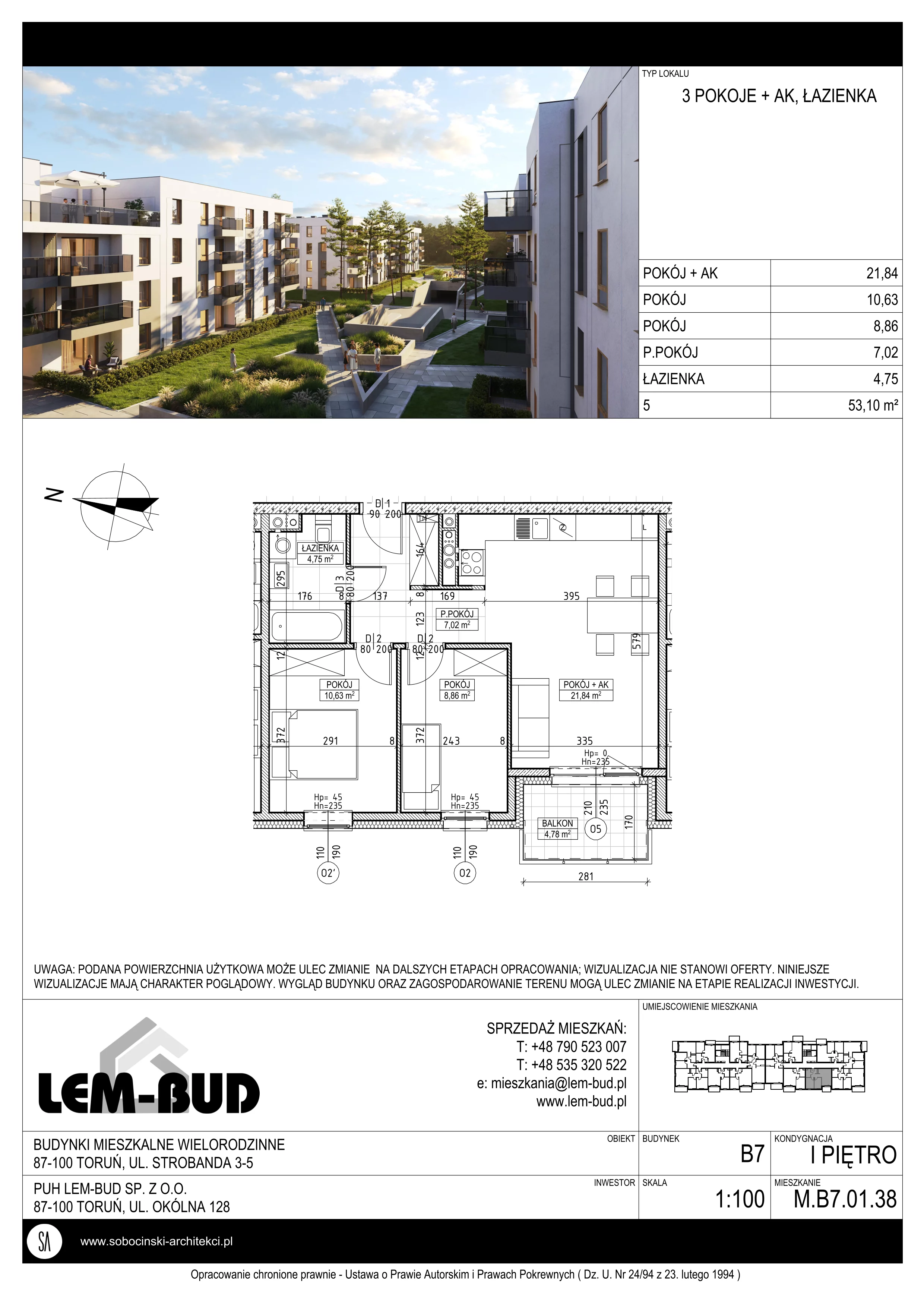 3 pokoje, mieszkanie 53,10 m², piętro 1, oferta nr M.B7.01.38, Osiedle Harmonia, Toruń, Wrzosy, JAR, ul. Strobanda 3-5
