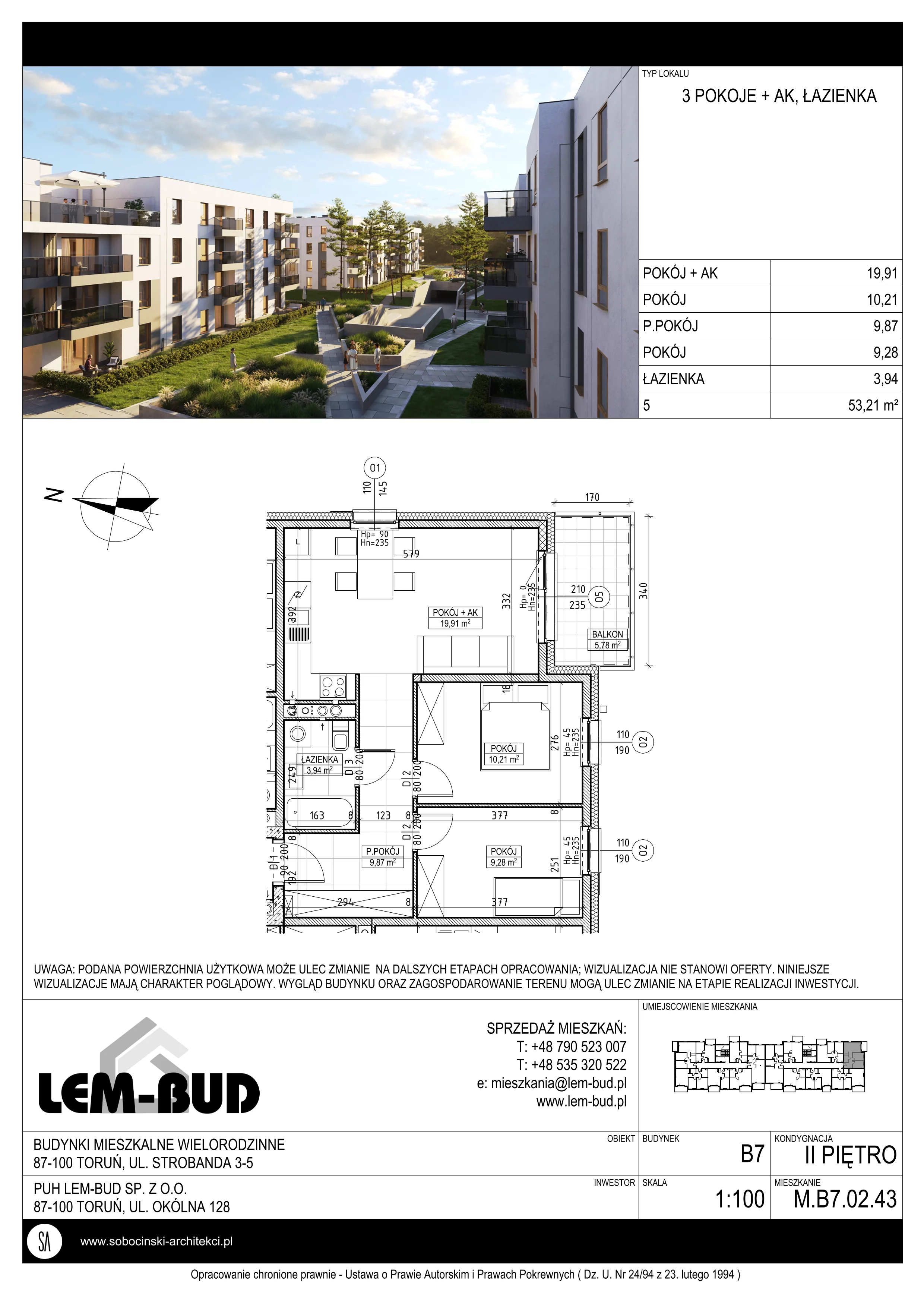 3 pokoje, mieszkanie 53,21 m², piętro 2, oferta nr M.B7.02.43, Osiedle Harmonia, Toruń, Wrzosy, JAR, ul. Strobanda 3-5