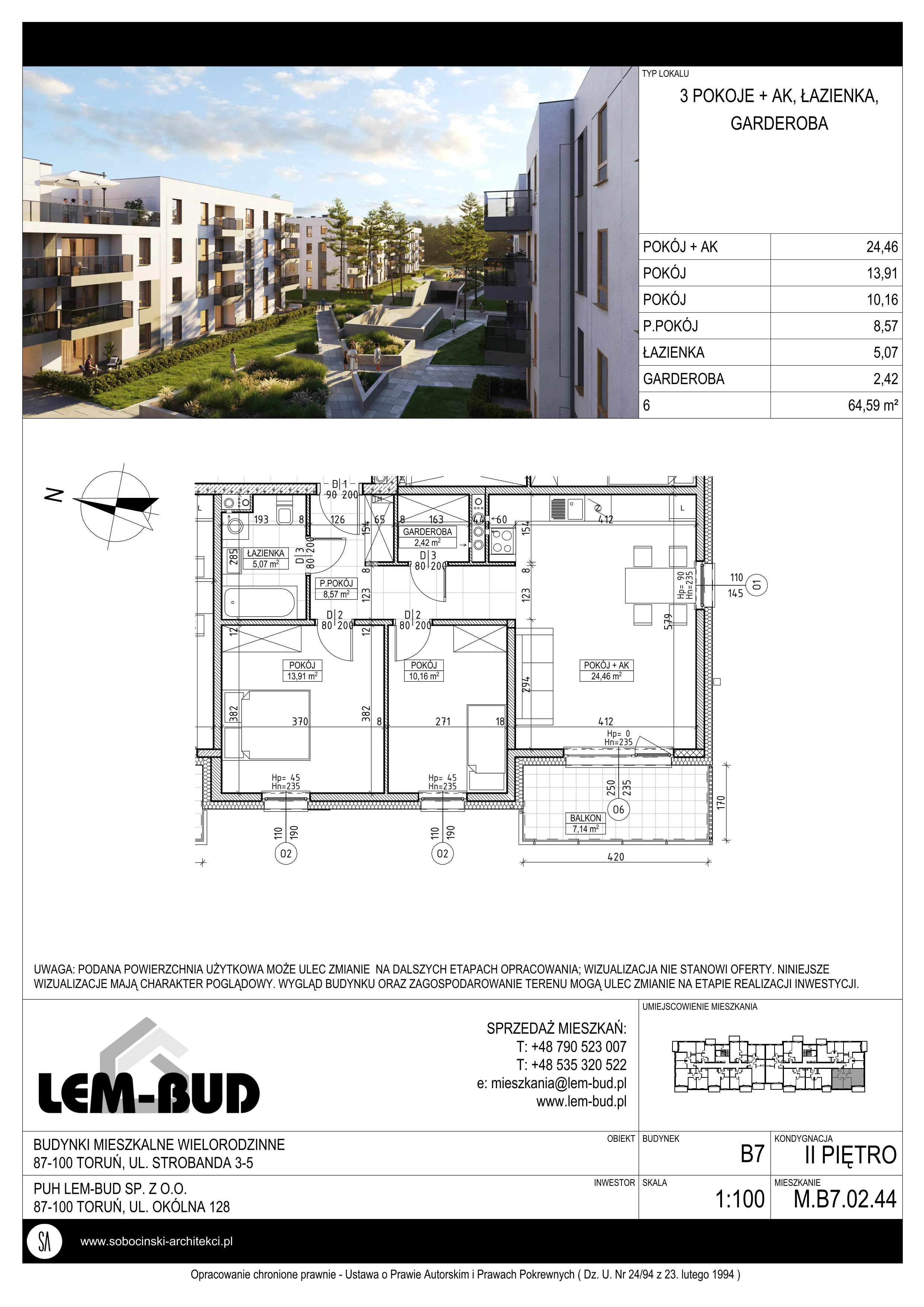 3 pokoje, mieszkanie 64,59 m², piętro 2, oferta nr M.B7.02.44, Osiedle Harmonia, Toruń, Wrzosy, JAR, ul. Strobanda 3-5