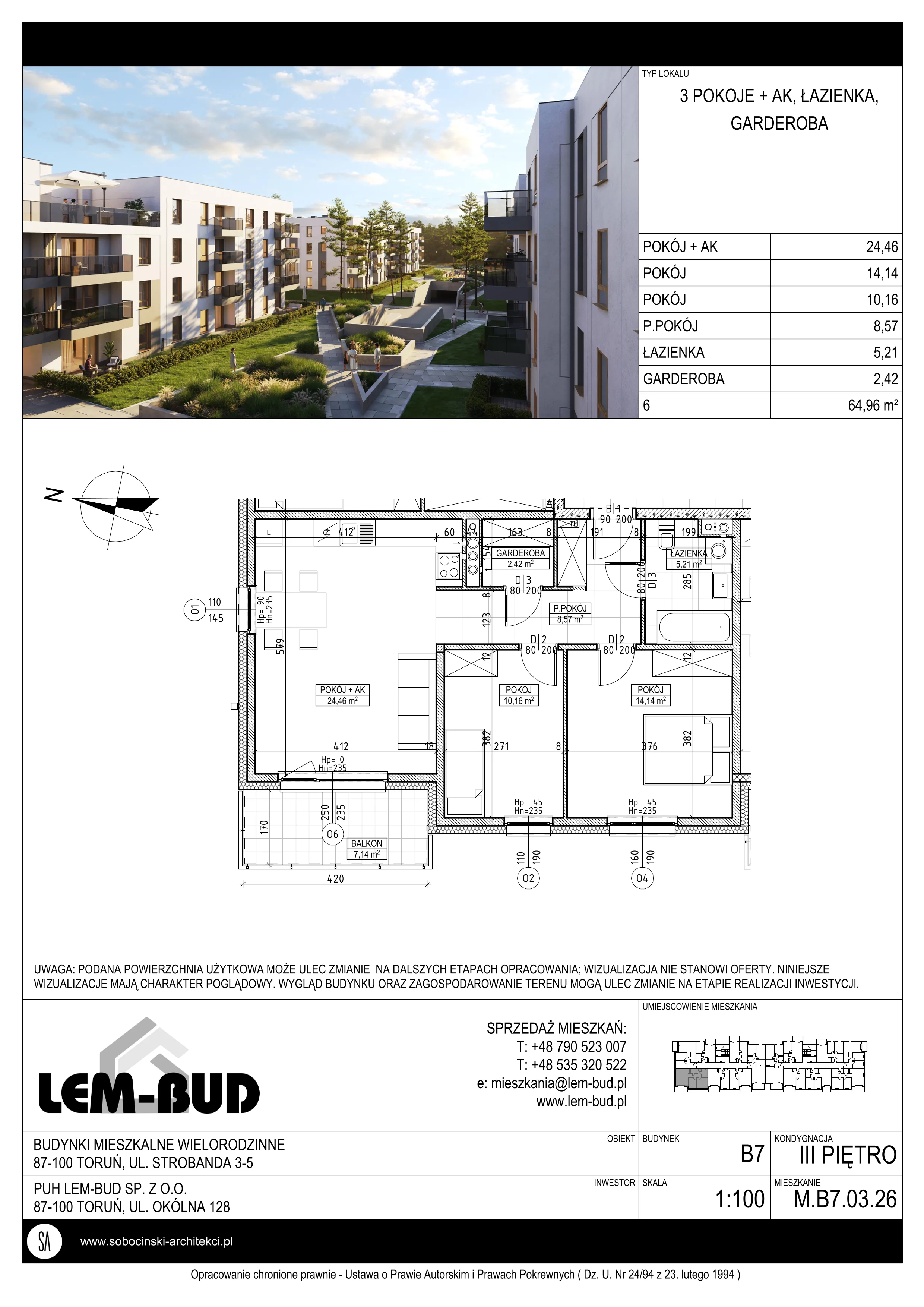 3 pokoje, mieszkanie 64,96 m², piętro 3, oferta nr M.B7.03.26, Osiedle Harmonia, Toruń, Wrzosy, JAR, ul. Strobanda 3-5