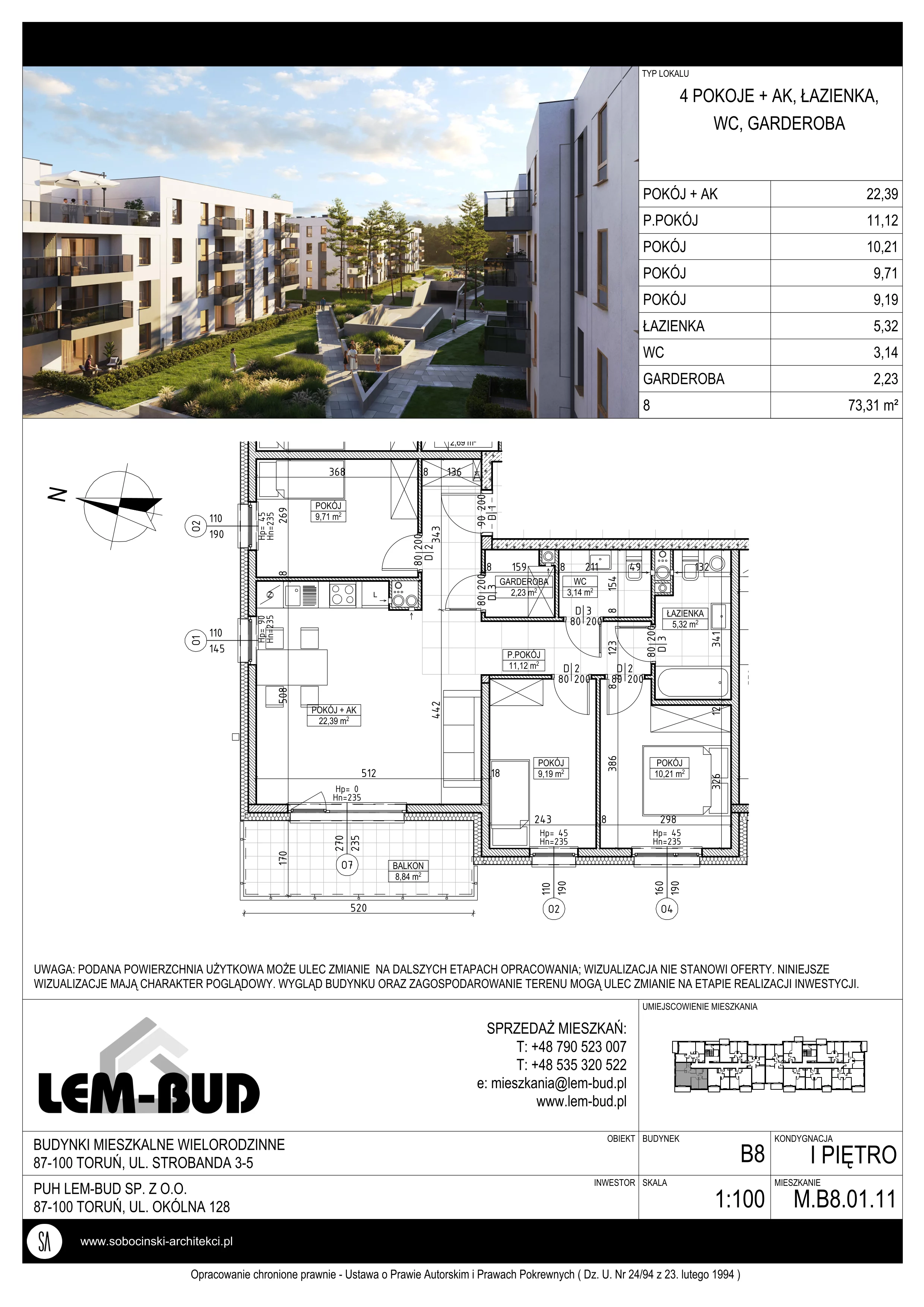 4 pokoje, mieszkanie 73,31 m², piętro 1, oferta nr M.B8.01.11, Osiedle Harmonia, Toruń, Wrzosy, JAR, ul. Strobanda 3-5