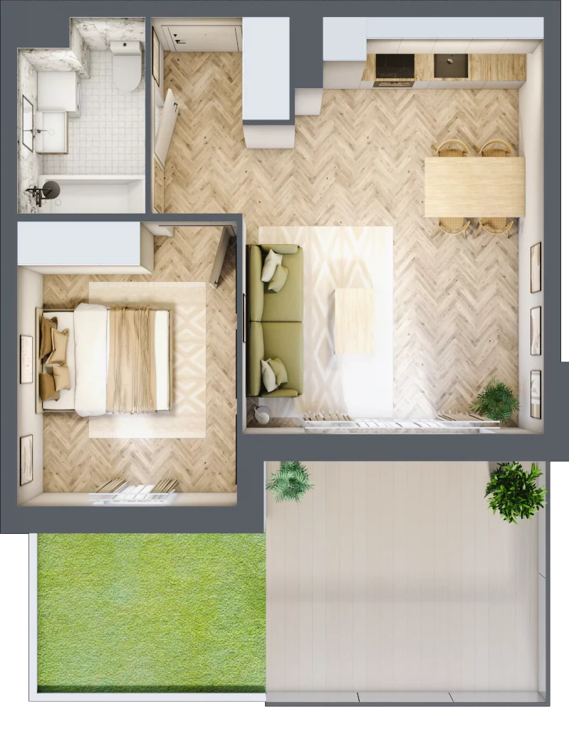 2 pokoje, mieszkanie 42,85 m², parter, oferta nr M.B8.00.03, Osiedle Harmonia, Toruń, Wrzosy, JAR, ul. Strobanda 3-5