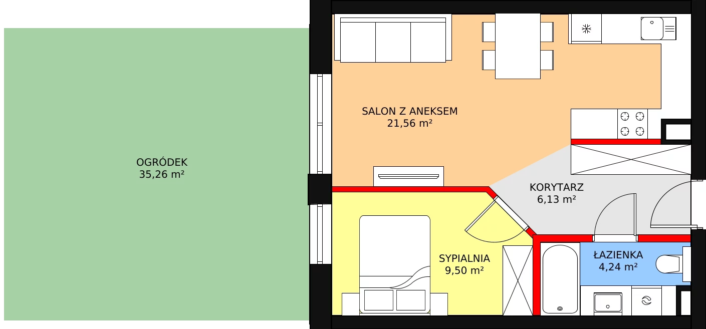 2 pokoje, mieszkanie 41,43 m², parter, oferta nr 24, Sobieskiego 29, Toruń, Jakubskie Przedmieście, ul. Sobieskiego 29