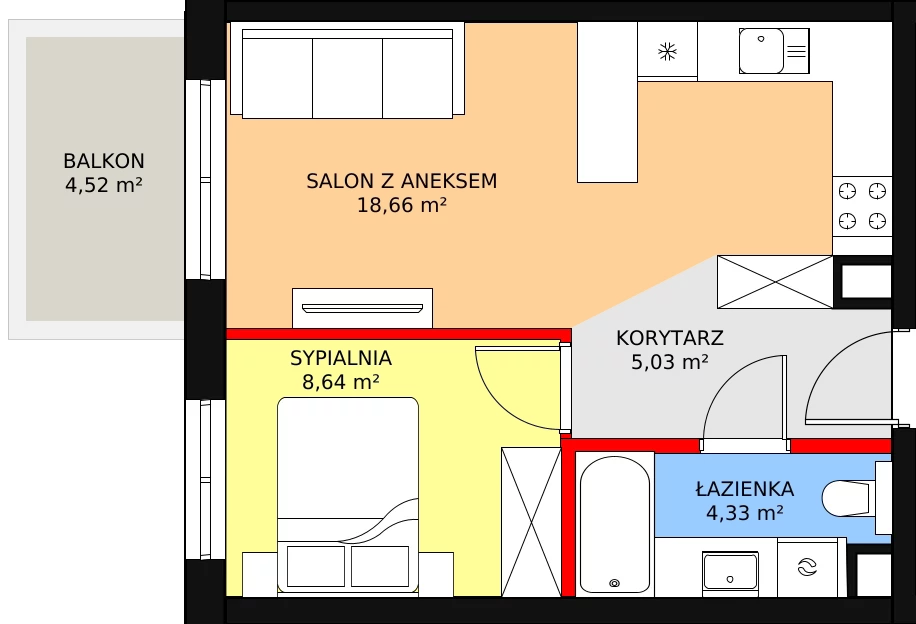 2 pokoje, mieszkanie 36,66 m², piętro 1, oferta nr 6, Sobieskiego 29, Toruń, Jakubskie Przedmieście, ul. Sobieskiego 29