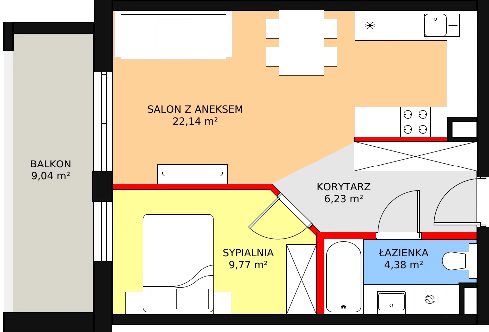 2 pokoje, mieszkanie 42,49 m², piętro 1, oferta nr 29, Sobieskiego 29, Toruń, Jakubskie Przedmieście, ul. Sobieskiego 29