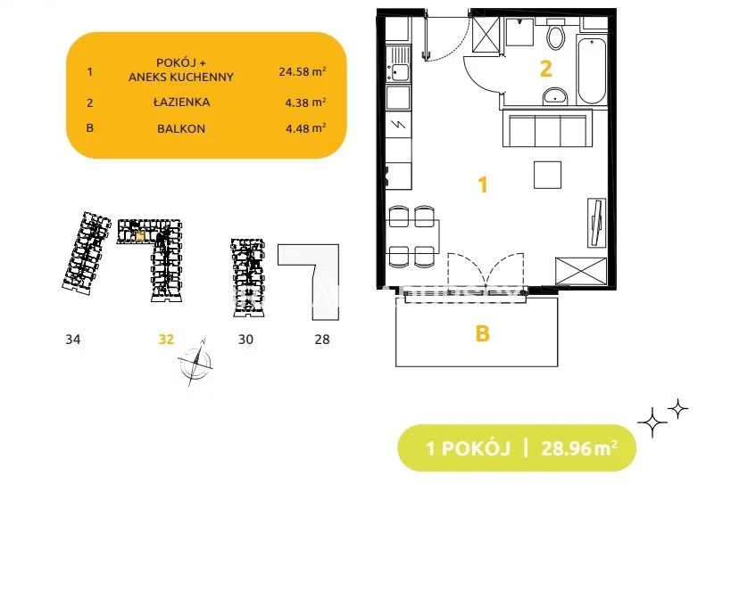 1 pokój, mieszkanie 28,96 m², piętro 5, oferta nr , BS2-MS-303483-80, Kraków, Prądnik Biały, 29 listopada - okolice