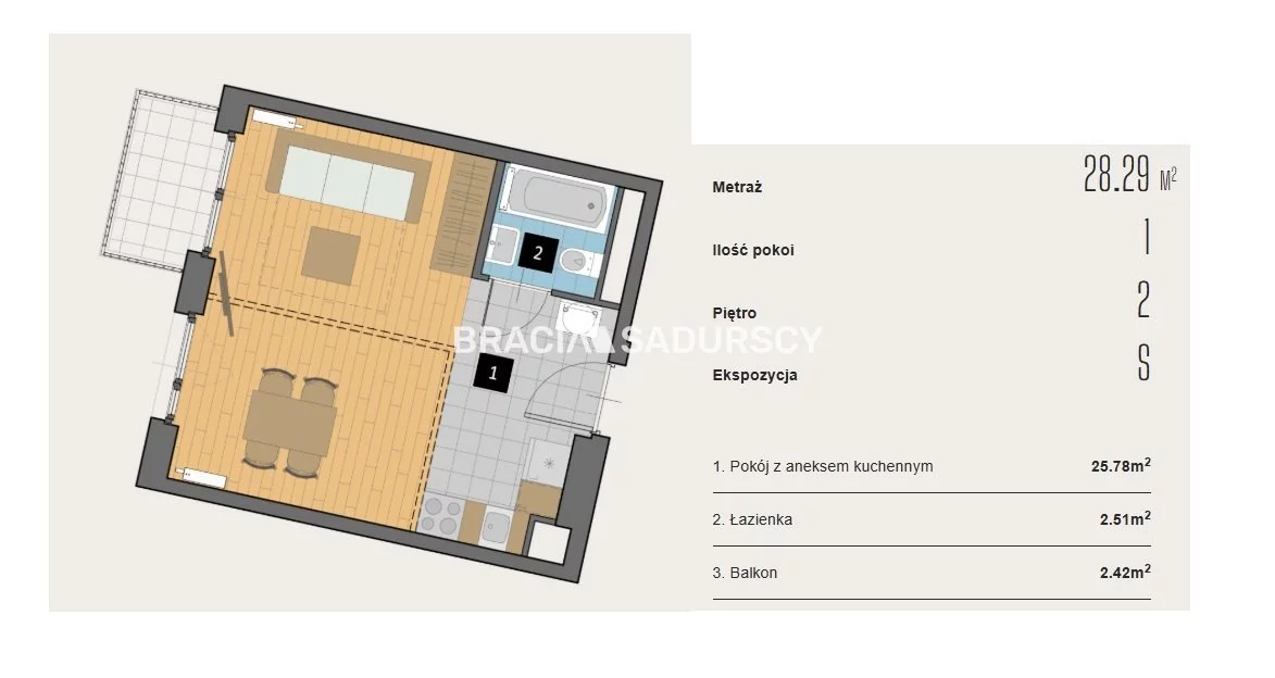 1 pokój, mieszkanie 28,29 m², piętro 2, oferta nr , BS2-MS-310415-2, Kraków, Krowodrza, Aleja Kijowska