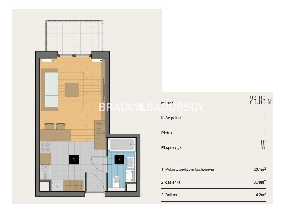 1 pokój, mieszkanie 26,88 m², piętro 1, oferta nr , BS2-MS-310572-2, Kraków, Krowodrza, Aleja Kijowska