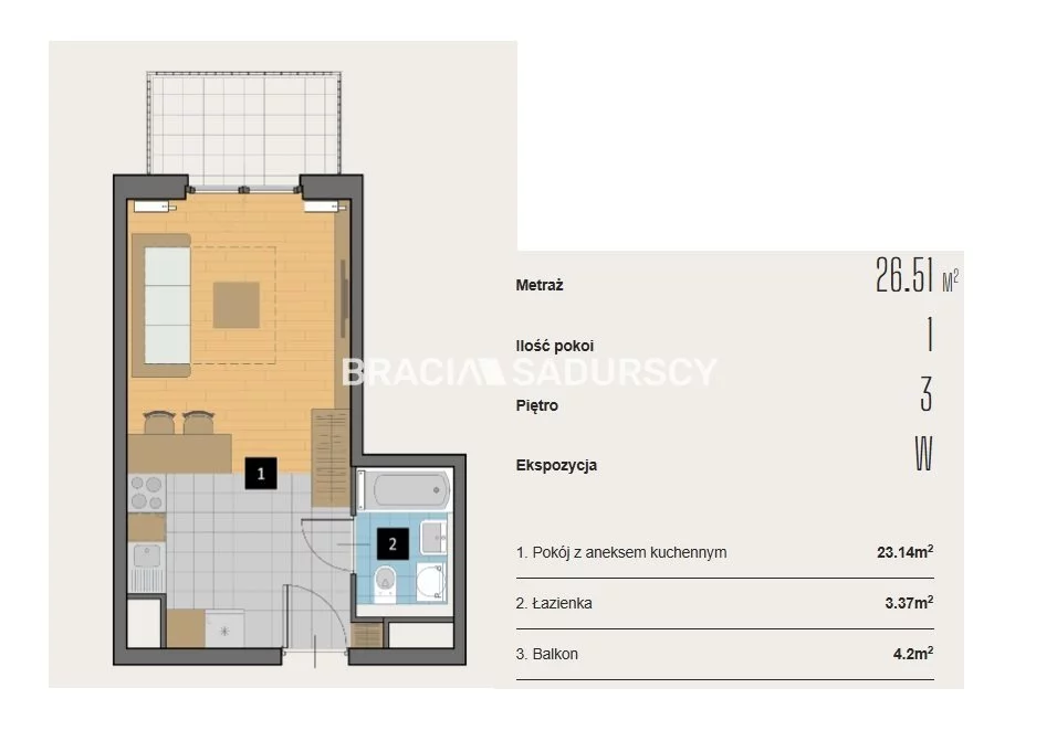 1 pokój, mieszkanie 26,51 m², piętro 3, oferta nr , BS2-MS-310611-2, Kraków, Krowodrza, Aleja Kijowska