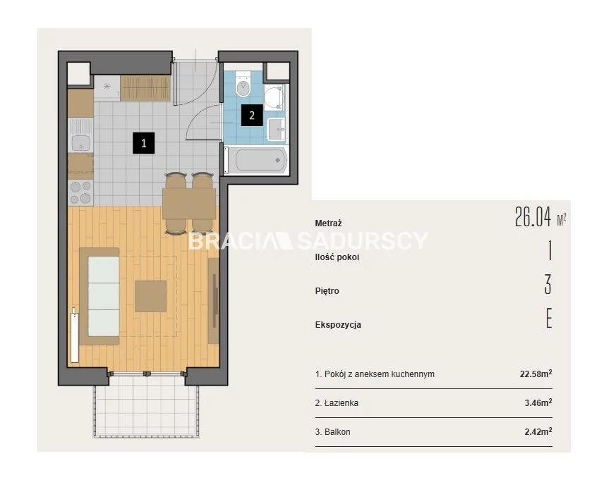 1 pokój, mieszkanie 26,04 m², piętro 3, oferta nr , BS2-MS-310616-2, Kraków, Krowodrza, Aleja Kijowska