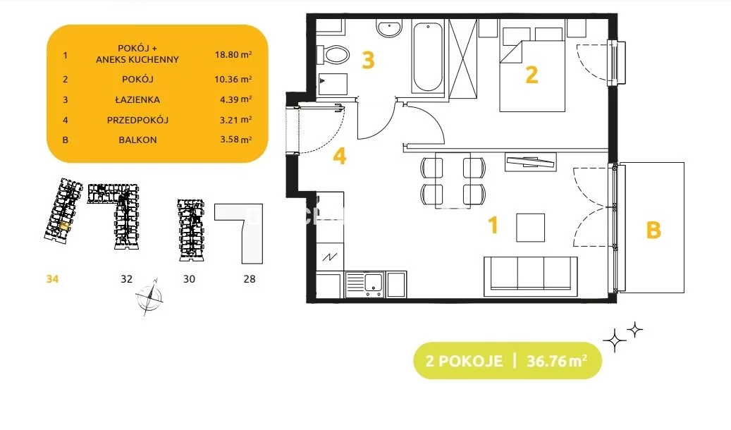2 pokoje, mieszkanie 36,76 m², piętro 5, oferta nr , BS2-MS-303688-79, Kraków, Prądnik Biały, 29 listopada - okolice