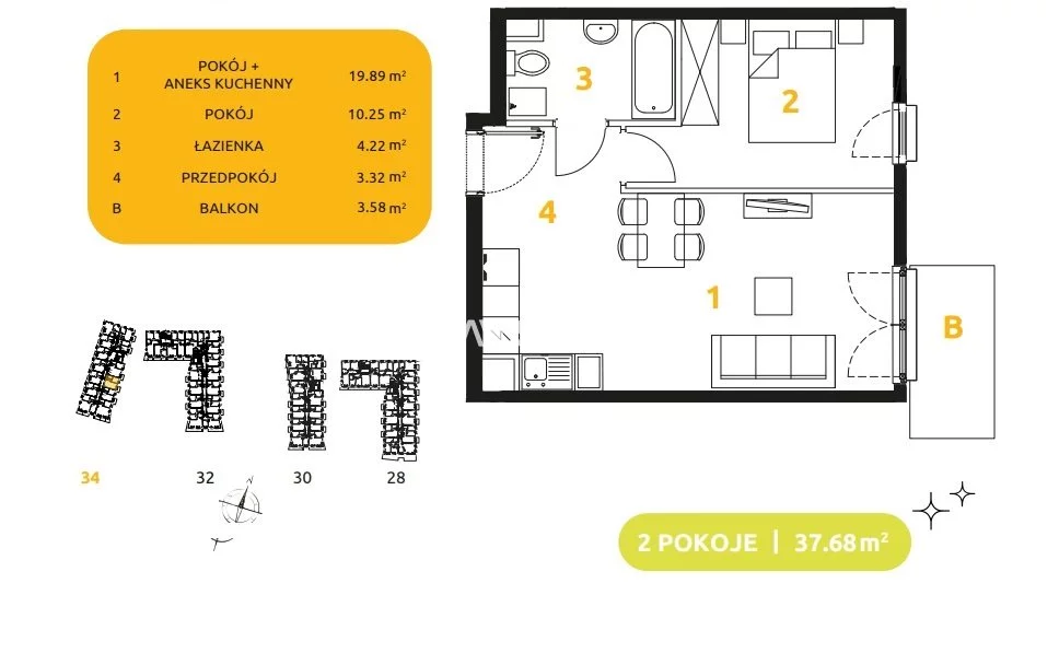2 pokoje, mieszkanie 37,68 m², piętro 4, oferta nr , BS2-MS-304071-80, Kraków, Prądnik Biały, 29 listopada - okolice