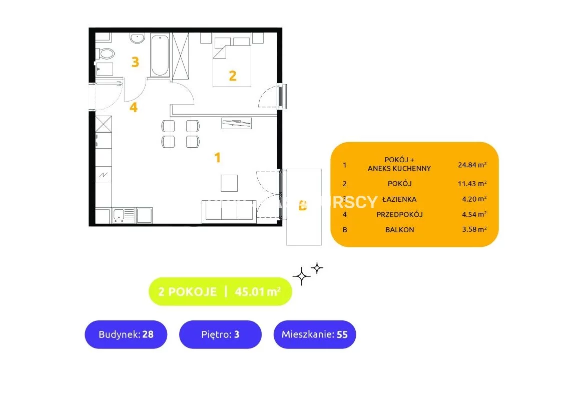 2 pokoje, mieszkanie 45,01 m², piętro 3, oferta nr , BS2-MS-303605-91, Kraków, Prądnik Biały, 29 listopada - okolice