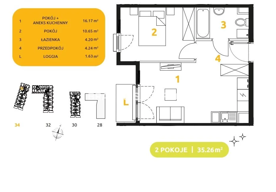 2 pokoje, mieszkanie 35,26 m², piętro 5, oferta nr , BS2-MS-303615-92, Kraków, Prądnik Biały, 29 listopada - okolice