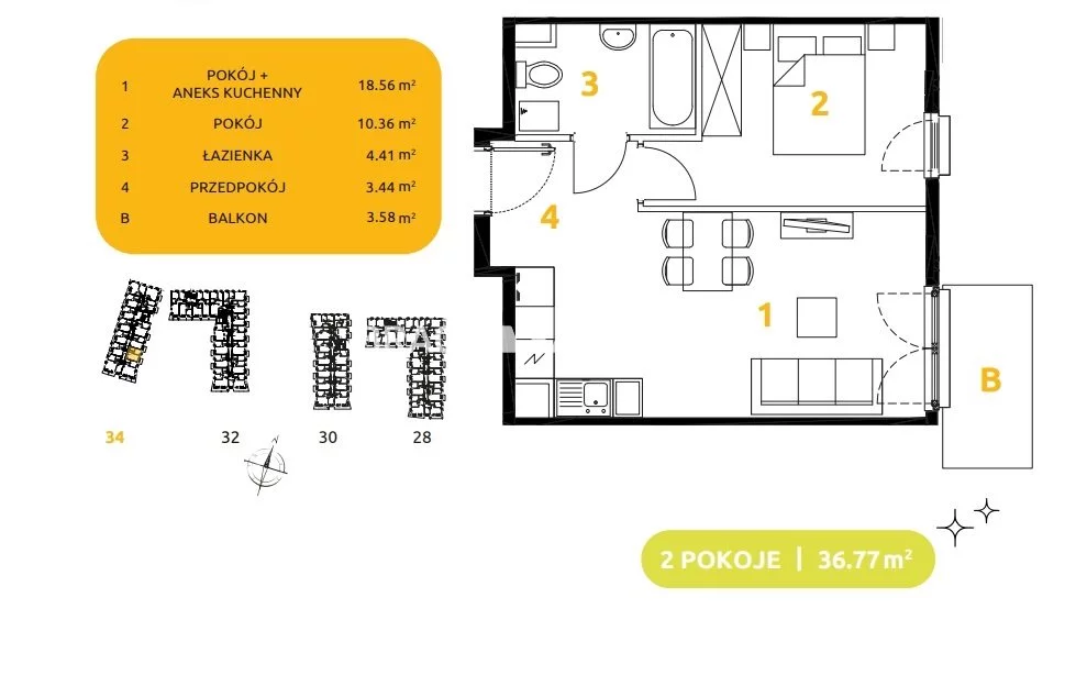 2 pokoje, mieszkanie 36,77 m², piętro 5, oferta nr , BS2-MS-303690-92, Kraków, Prądnik Biały, 29 listopada - okolice
