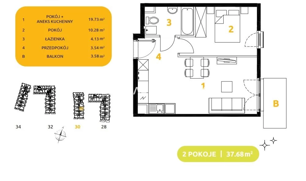 2 pokoje, mieszkanie 37,68 m², piętro 4, oferta nr , BS2-MS-304059-92, Kraków, Prądnik Biały, 29 listopada - okolice