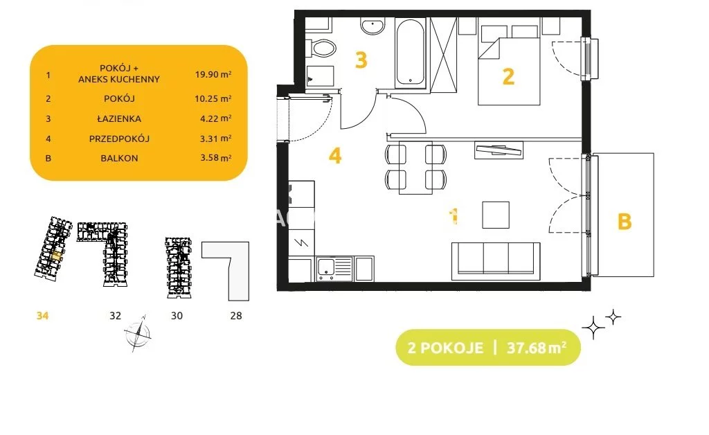 2 pokoje, mieszkanie 37,68 m², piętro 5, oferta nr , BS2-MS-304073-93, Kraków, Prądnik Biały, 29 listopada - okolice