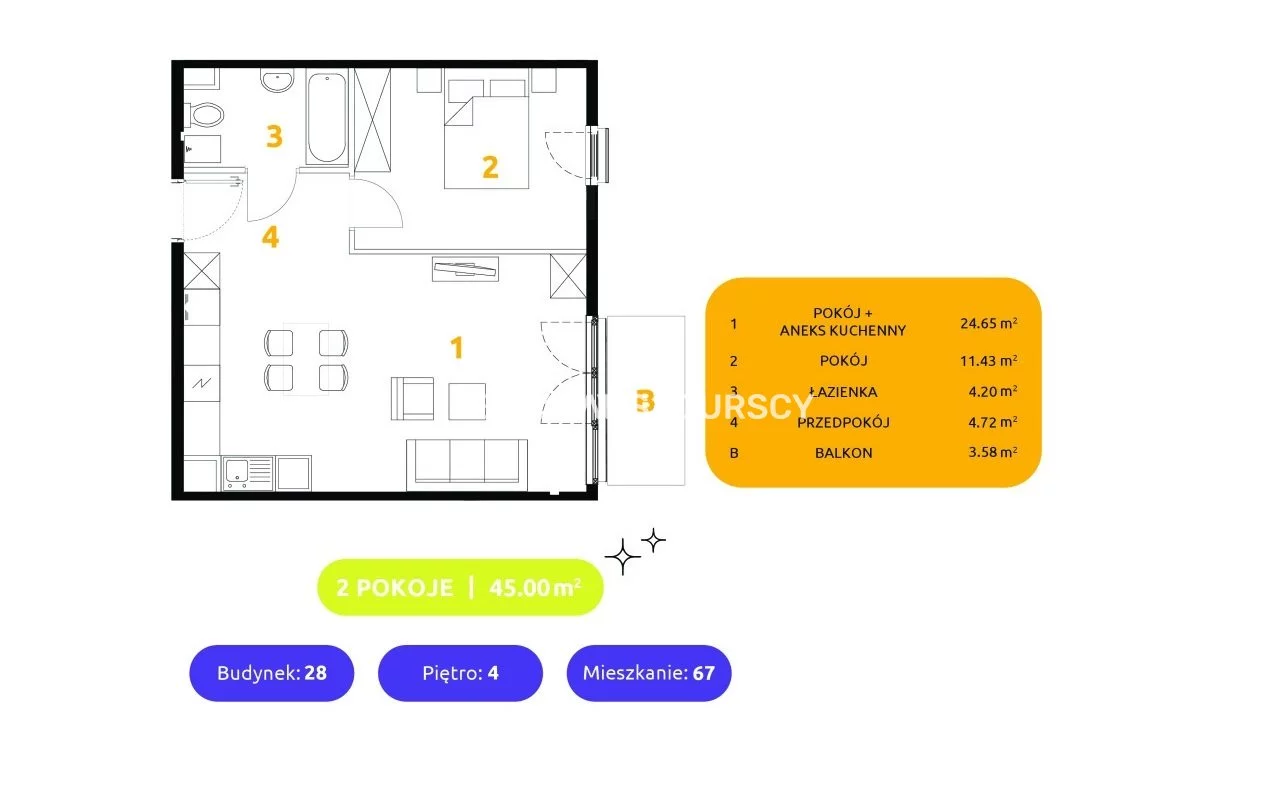 2 pokoje, mieszkanie 45,00 m², piętro 4, oferta nr , BS2-MS-303491-94, Kraków, Prądnik Biały, 29 listopada - okolice
