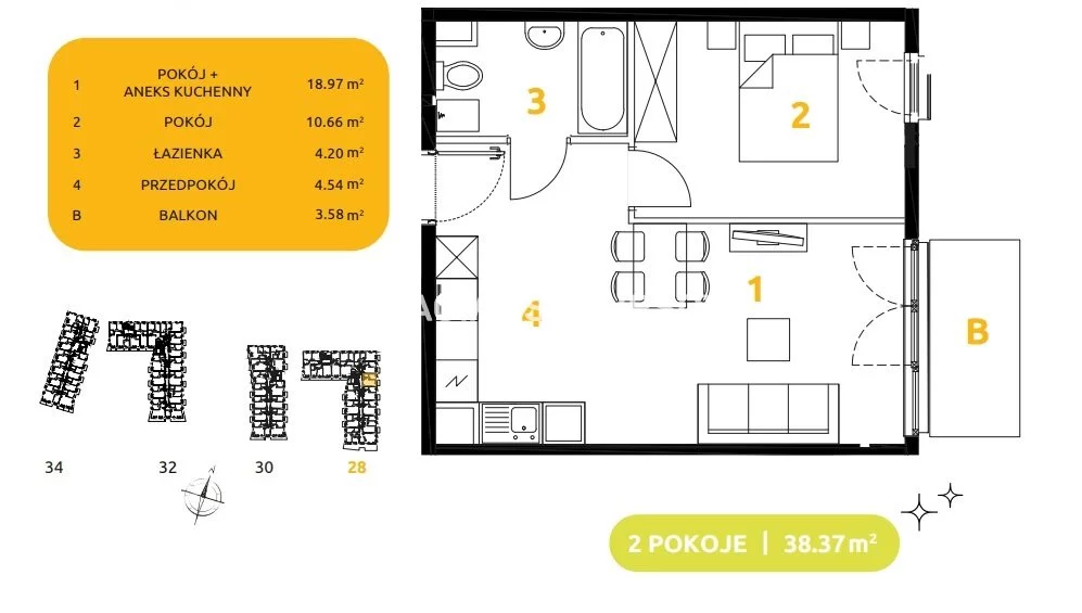 2 pokoje, mieszkanie 38,37 m², piętro 4, oferta nr , BS2-MS-304079-94, Kraków, Prądnik Biały, 29 listopada - okolice