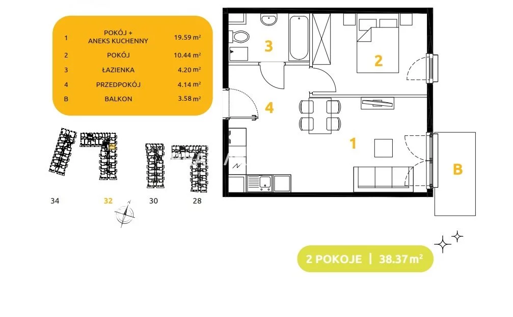 2 pokoje, mieszkanie 38,37 m², piętro 2, oferta nr , BS2-MS-304083-94, Kraków, Prądnik Biały, 29 listopada - okolice