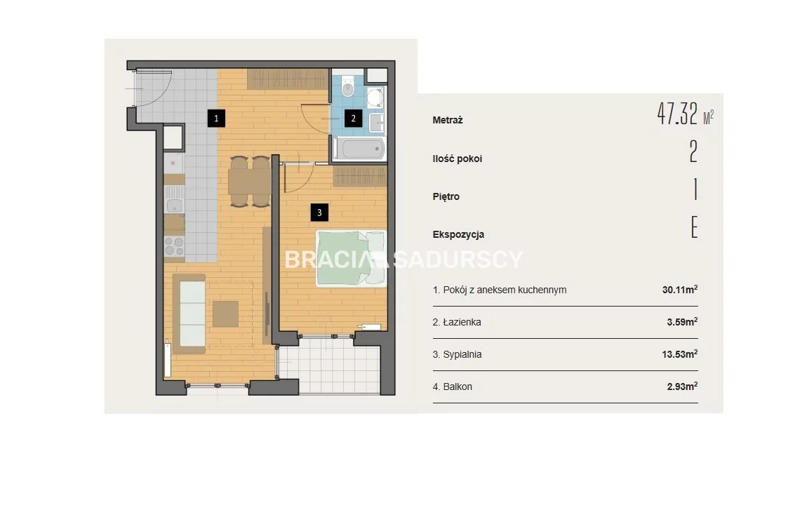 2 pokoje, mieszkanie 47,32 m², piętro 1, oferta nr , BS2-MS-310411-2, Kraków, Krowodrza, Aleja Kijowska