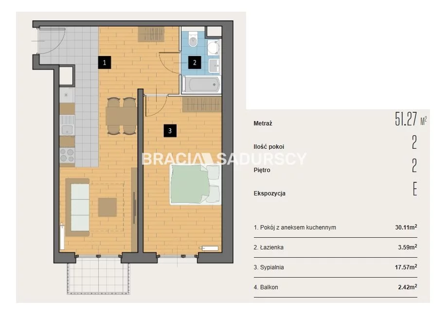 2 pokoje, mieszkanie 51,27 m², piętro 2, oferta nr , BS2-MS-310417-2, Kraków, Krowodrza, Aleja Kijowska
