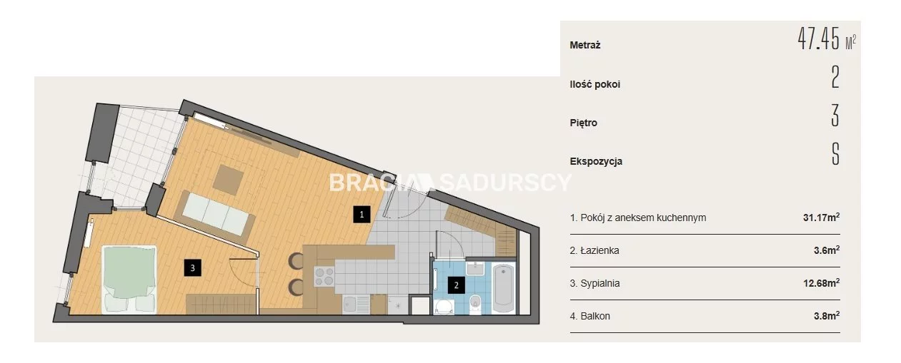 2 pokoje, mieszkanie 47,45 m², piętro 3, oferta nr , BS2-MS-310426-2, Kraków, Krowodrza, Aleja Kijowska
