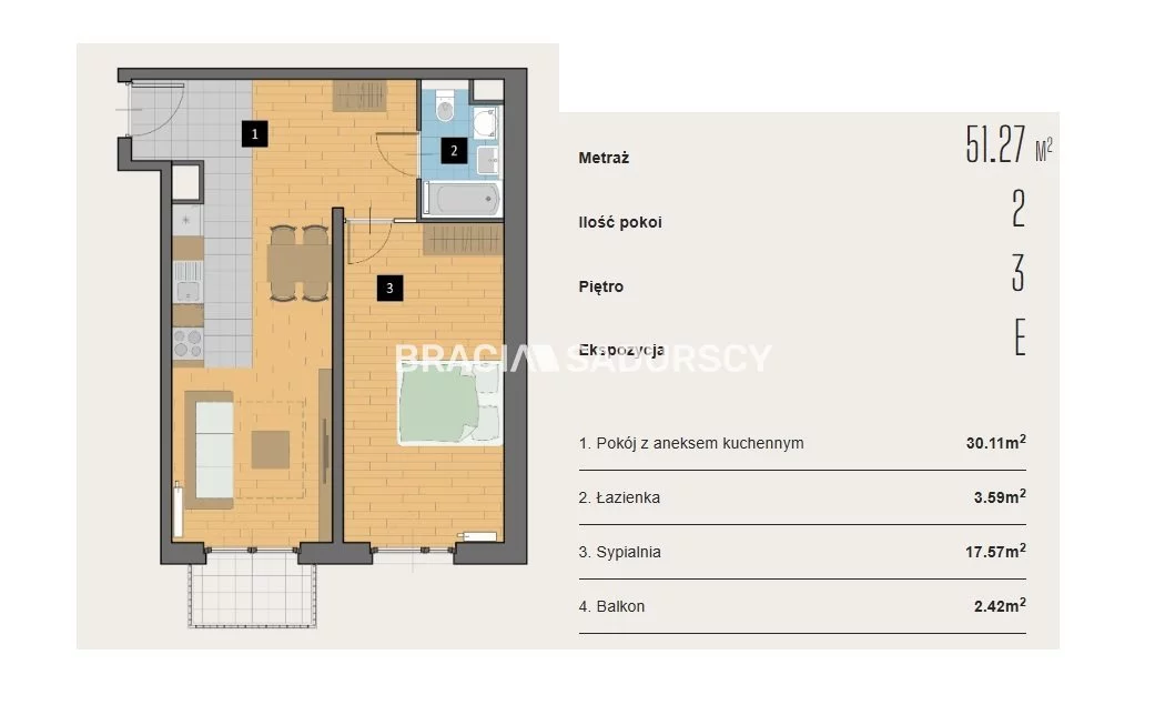 2 pokoje, mieszkanie 51,27 m², piętro 3, oferta nr , BS2-MS-310430-2, Kraków, Krowodrza, Aleja Kijowska