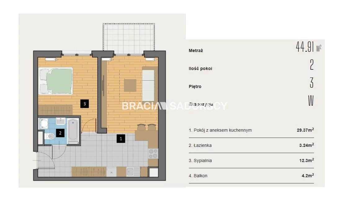 2 pokoje, mieszkanie 44,91 m², piętro 3, oferta nr , BS2-MS-310431-2, Kraków, Krowodrza, Aleja Kijowska