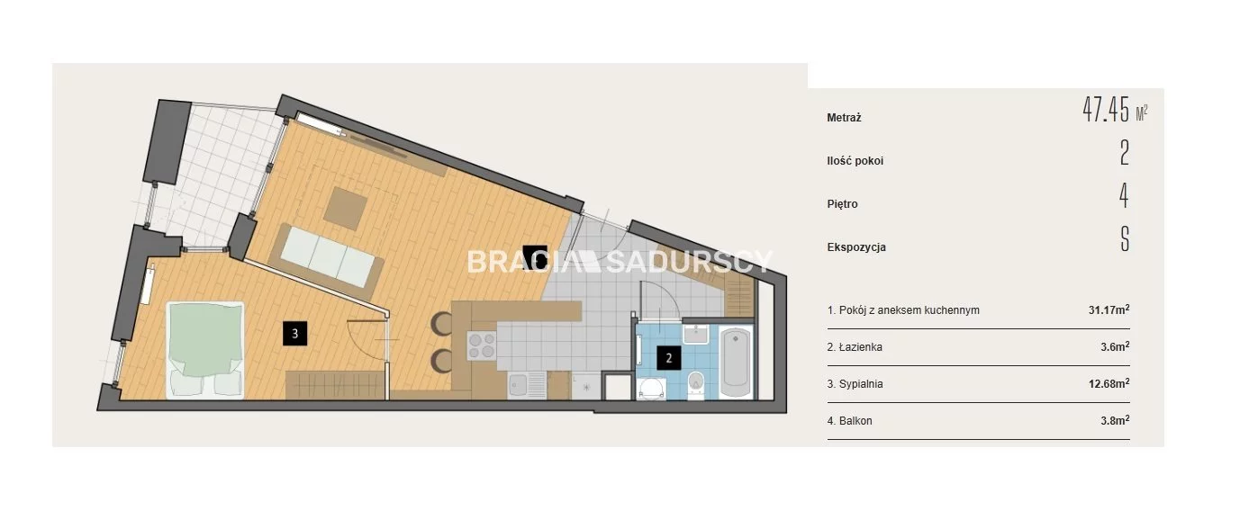 2 pokoje, mieszkanie 47,45 m², piętro 4, oferta nr , BS2-MS-310434-2, Kraków, Krowodrza, Aleja Kijowska