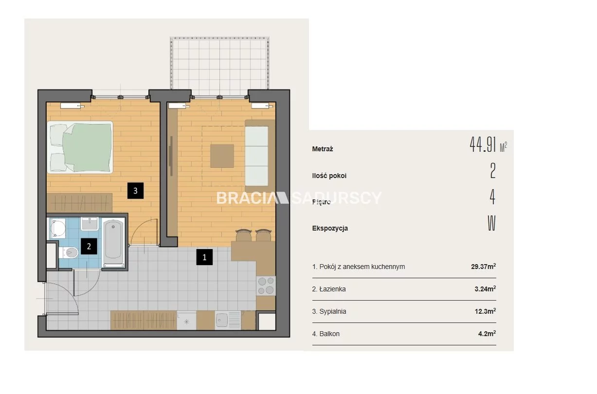 2 pokoje, mieszkanie 44,91 m², piętro 4, oferta nr , BS2-MS-310438-2, Kraków, Krowodrza, Aleja Kijowska