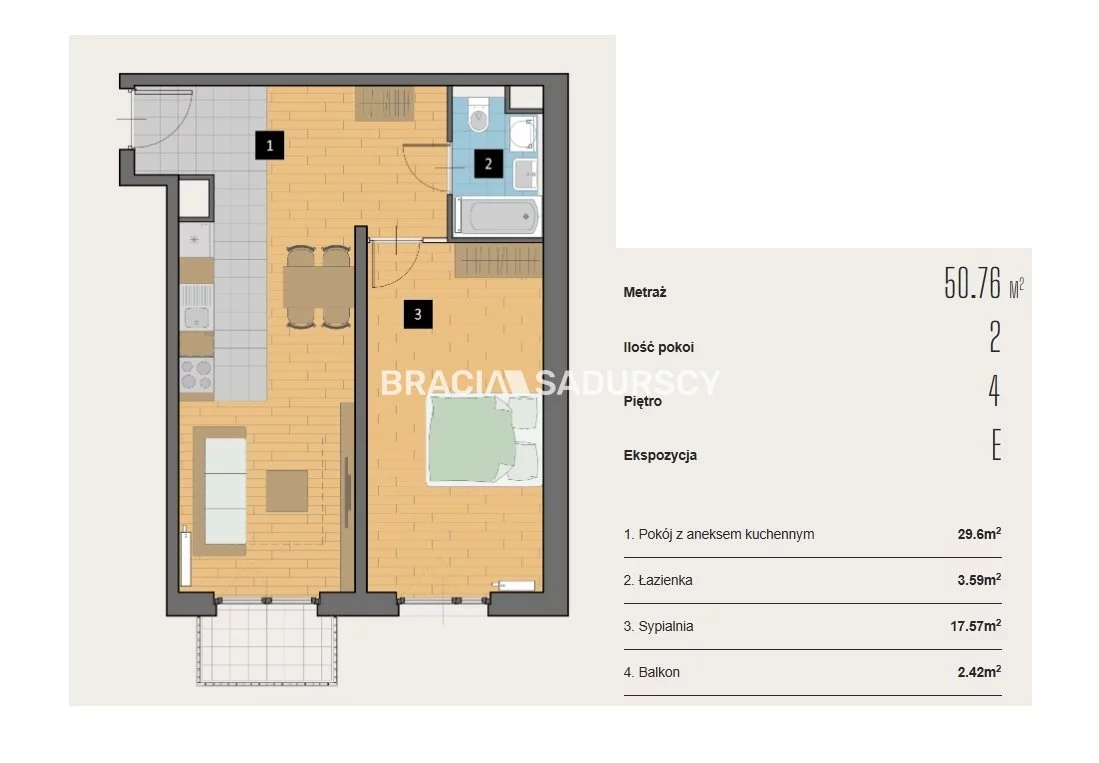 2 pokoje, mieszkanie 50,76 m², piętro 4, oferta nr , BS2-MS-310437-2, Kraków, Krowodrza, Aleja Kijowska