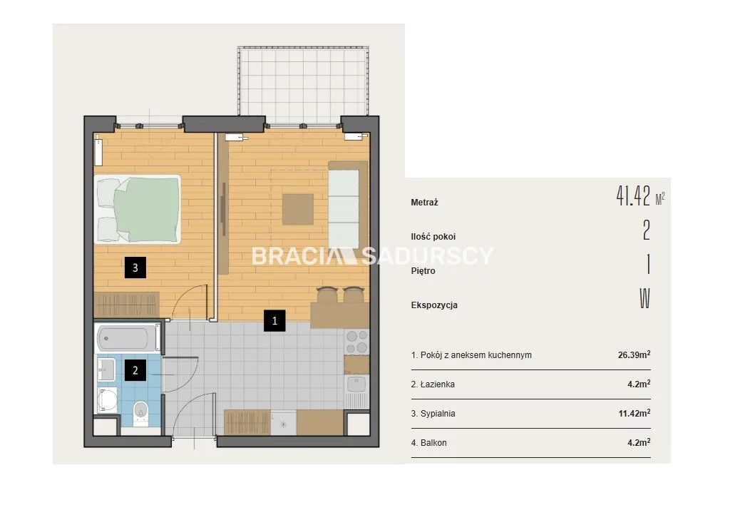2 pokoje, mieszkanie 41,42 m², piętro 1, oferta nr , BS2-MS-310446-2, Kraków, Krowodrza, Aleja Kijowska