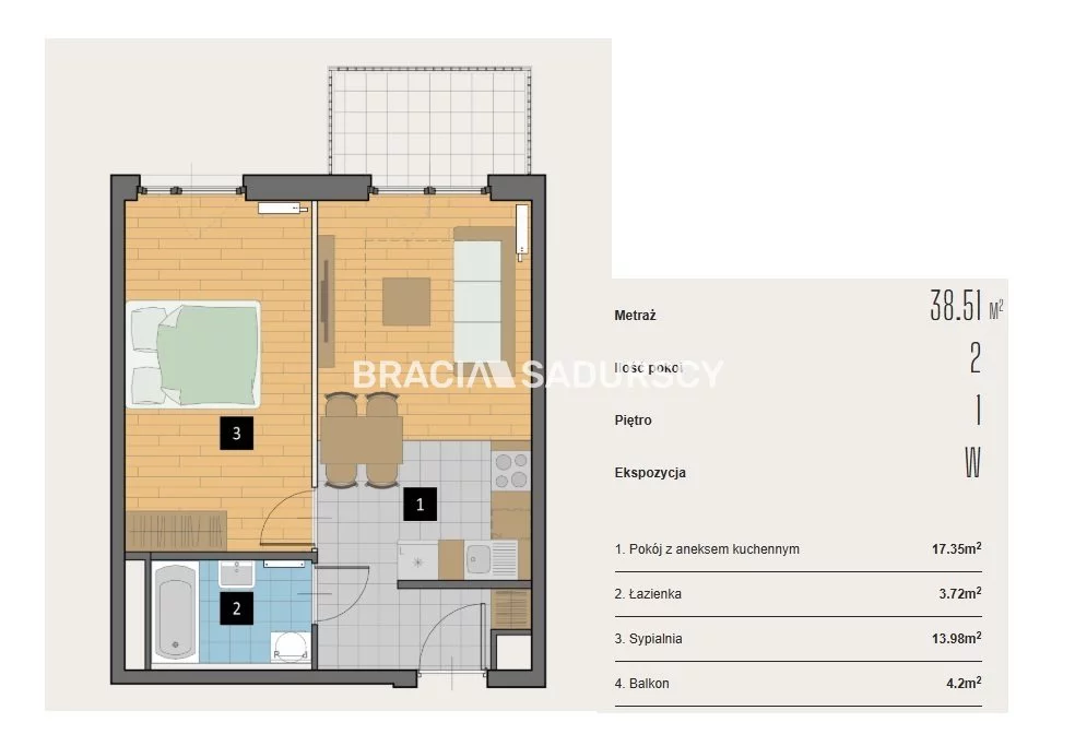 2 pokoje, mieszkanie 38,51 m², piętro 1, oferta nr , BS2-MS-310589-2, Kraków, Krowodrza, Aleja Kijowska