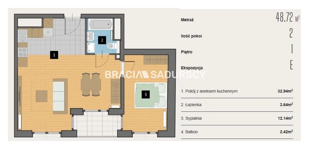 2 pokoje, mieszkanie 48,72 m², piętro 1, oferta nr , BS2-MS-310593-2, Kraków, Krowodrza, Aleja Kijowska