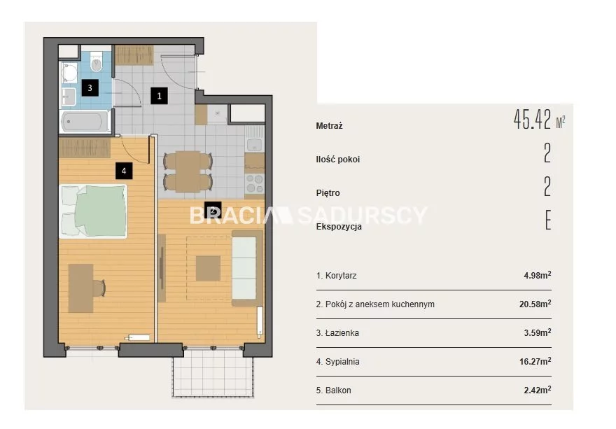 2 pokoje, mieszkanie 45,42 m², piętro 2, oferta nr , BS2-MS-310601-2, Kraków, Krowodrza, Aleja Kijowska