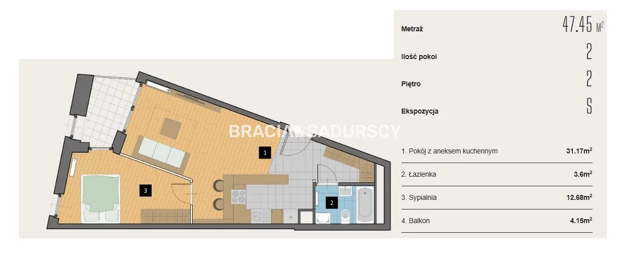 2 pokoje, mieszkanie 47,45 m², piętro 2, oferta nr , BS2-MS-310416-3, Kraków, Krowodrza, Aleja Kijowska