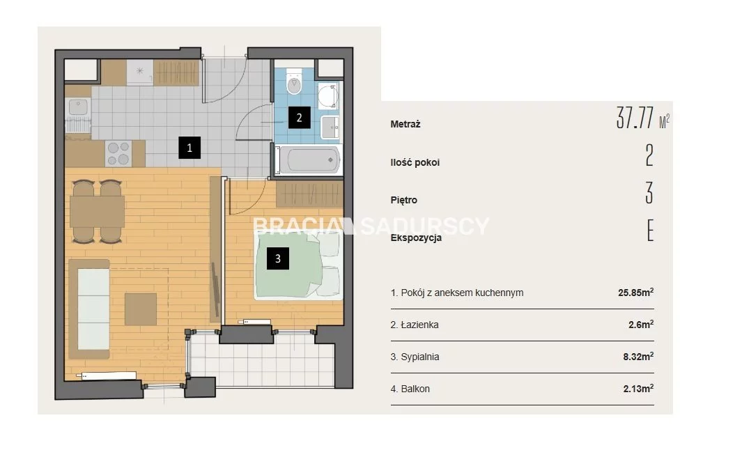 2 pokoje, mieszkanie 37,77 m², piętro 3, oferta nr , BS2-MS-310428-3, Kraków, Krowodrza, Aleja Kijowska