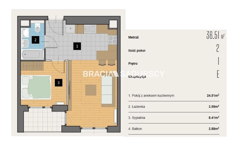 2 pokoje, mieszkanie 36,51 m², piętro 1, oferta nr , BS2-MS-310592-3, Kraków, Krowodrza, Aleja Kijowska