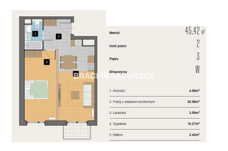 2 pokoje, mieszkanie 45,42 m², piętro 3, oferta nr , BS2-MS-310614-3, Kraków, Krowodrza, Aleja Kijowska