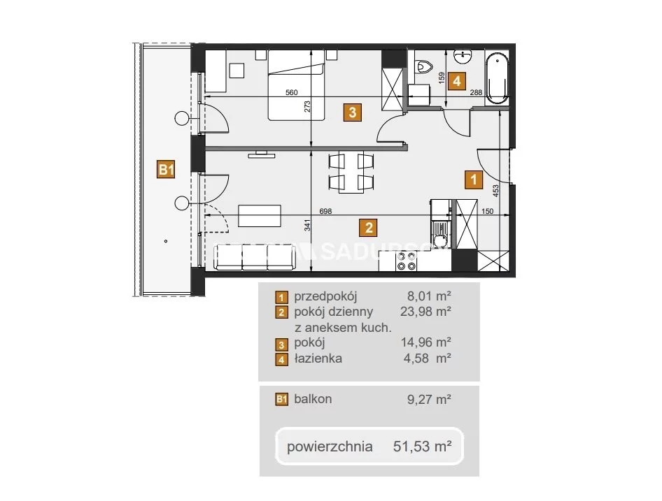 2 pokoje, mieszkanie 51,53 m², piętro 1, oferta nr , BS2-MS-307088-7, Kraków, Dębniki, Babińskiego