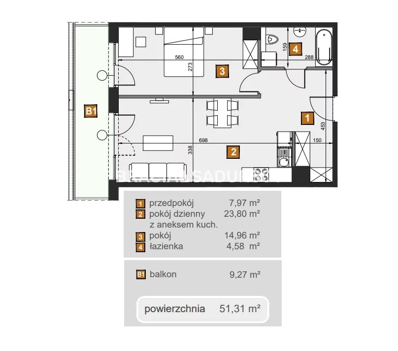 2 pokoje, mieszkanie 51,31 m², piętro 1, oferta nr , BS2-MS-307278-6, Kraków, Dębniki, Babińskiego