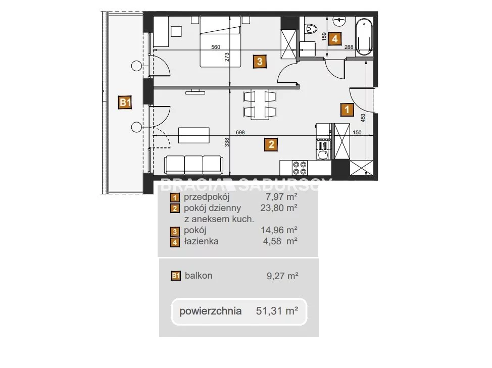 2 pokoje, mieszkanie 51,31 m², piętro 2, oferta nr , BS2-MS-307289-7, Kraków, Dębniki, Babińskiego
