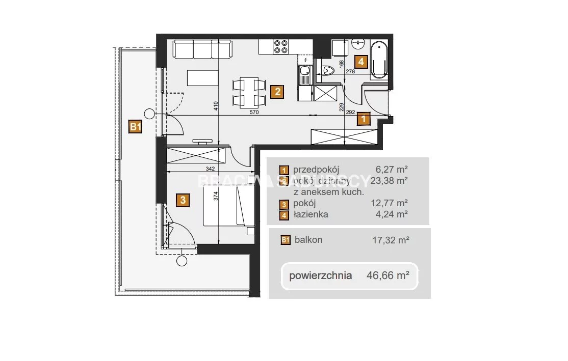 2 pokoje, mieszkanie 46,66 m², piętro 3, oferta nr , BS2-MS-307610-7, Kraków, Dębniki, Babińskiego