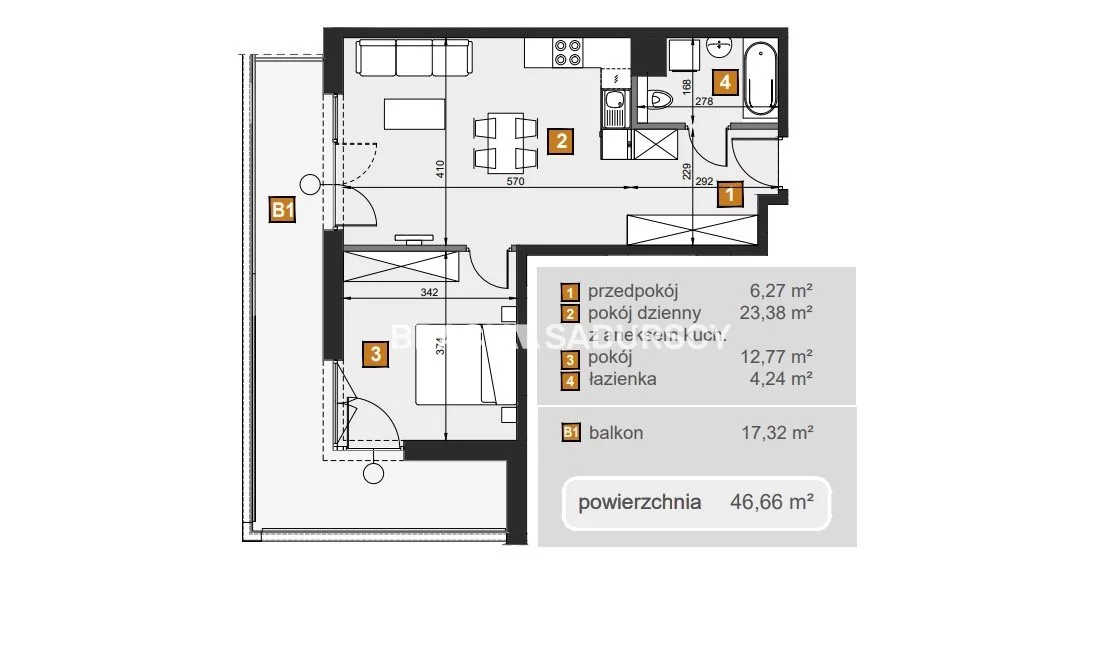 2 pokoje, mieszkanie 46,66 m², piętro 4, oferta nr , BS2-MS-307620-7, Kraków, Dębniki, Babińskiego