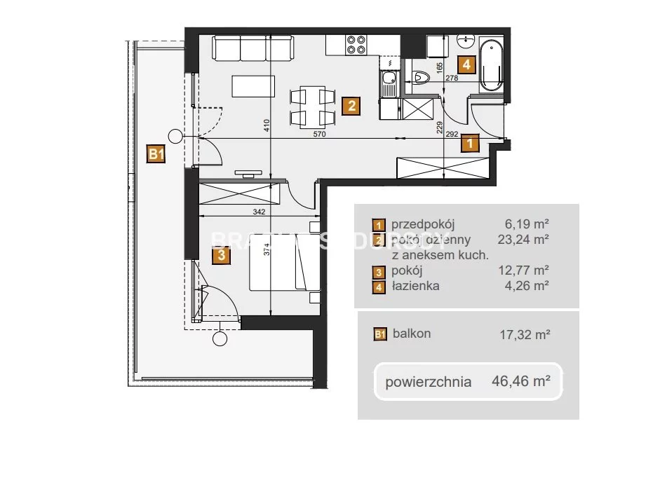 2 pokoje, mieszkanie 46,46 m², piętro 3, oferta nr , BS2-MS-307142-7, Kraków, Dębniki, Babińskiego