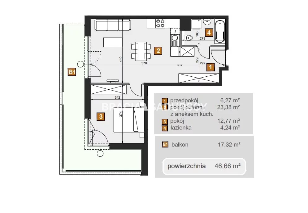 2 pokoje, mieszkanie 46,66 m², piętro 1, oferta nr , BS2-MS-307277-7, Kraków, Dębniki, Babińskiego