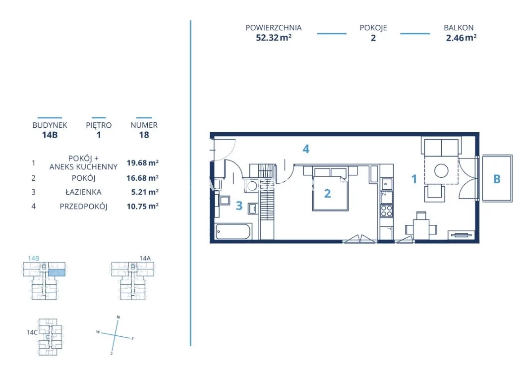 Mieszkanie na sprzedaż, 52,32 m², 2 pokoje, 1 piętro, oferta nr BS2-MS-300840-14