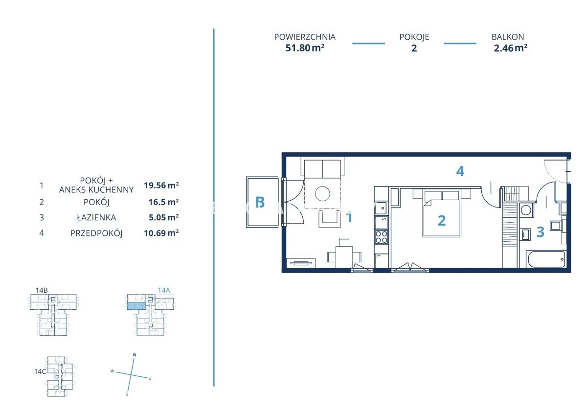 Mieszkanie na sprzedaż, 51,80 m², 2 pokoje, 3 piętro, oferta nr BS2-MS-300672-17