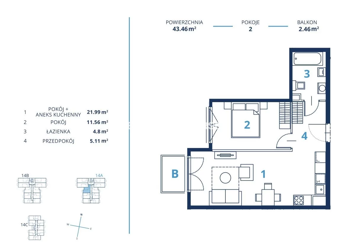 Mieszkanie na sprzedaż, 43,46 m², 2 pokoje, 2 piętro, oferta nr BS2-MS-300799-17